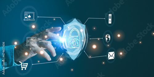 Cybersecurity and privacy protection network security computer and safe data concept. Businessmen touch virtual screen interfaces with protect personal data information from viruses. 