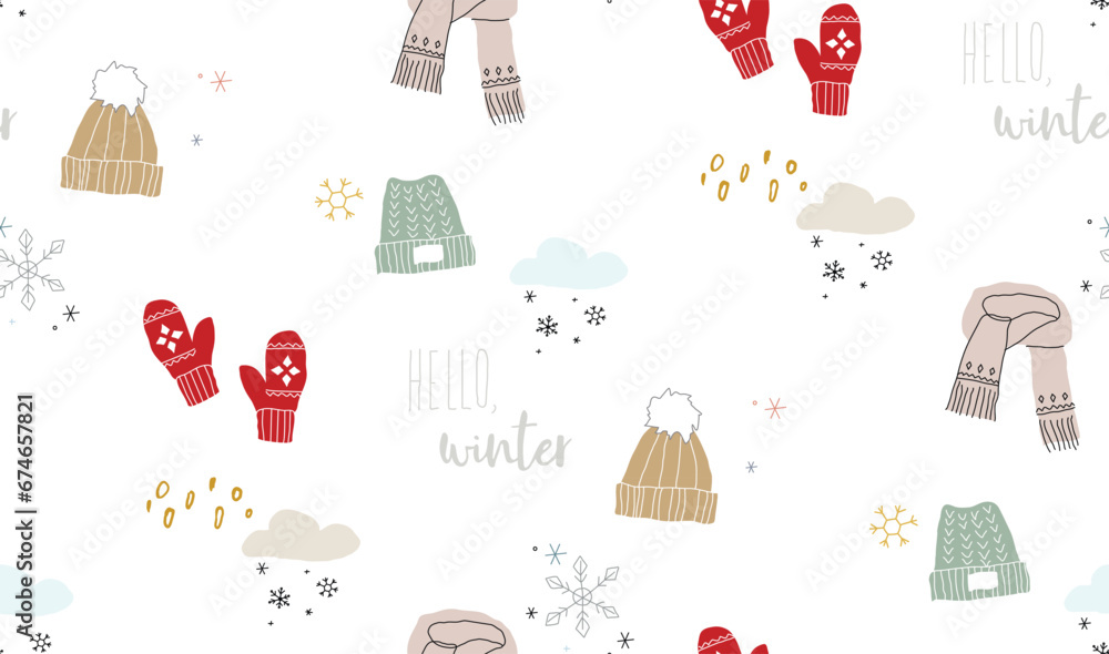 Winter warm cozy seamless pattern with with hats and mittens