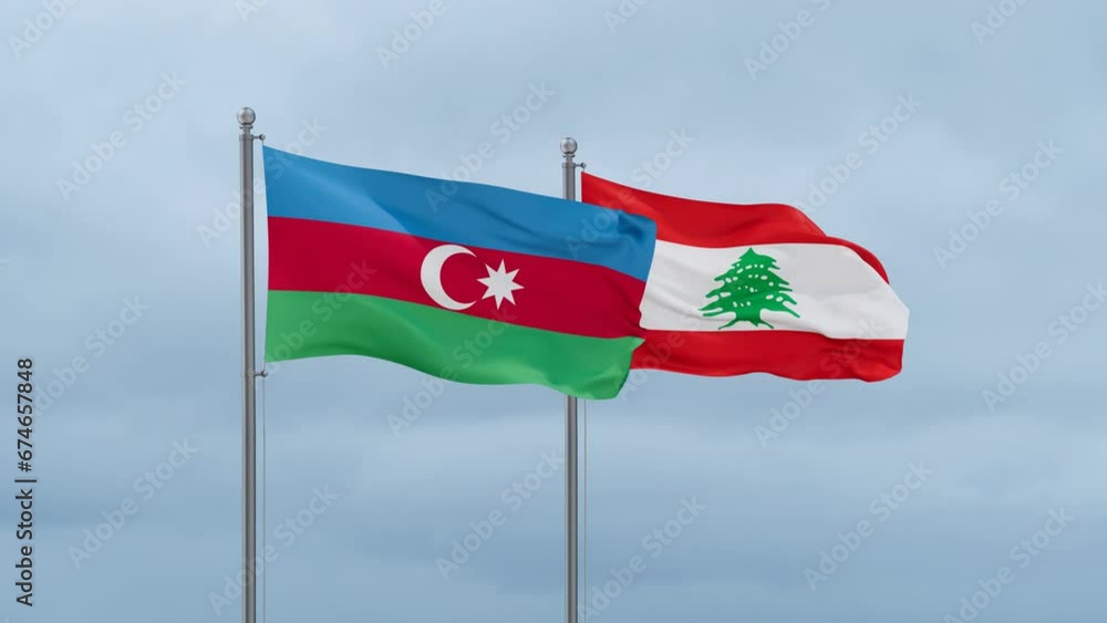 Lebanon flag and Azerbaijan flag waving together on cloudy sky, endless seamless loop, two country relations concept Lebanon flag and Azerbaijan flag waving together on cloudy sky, endless seamless loop, two country relations concept