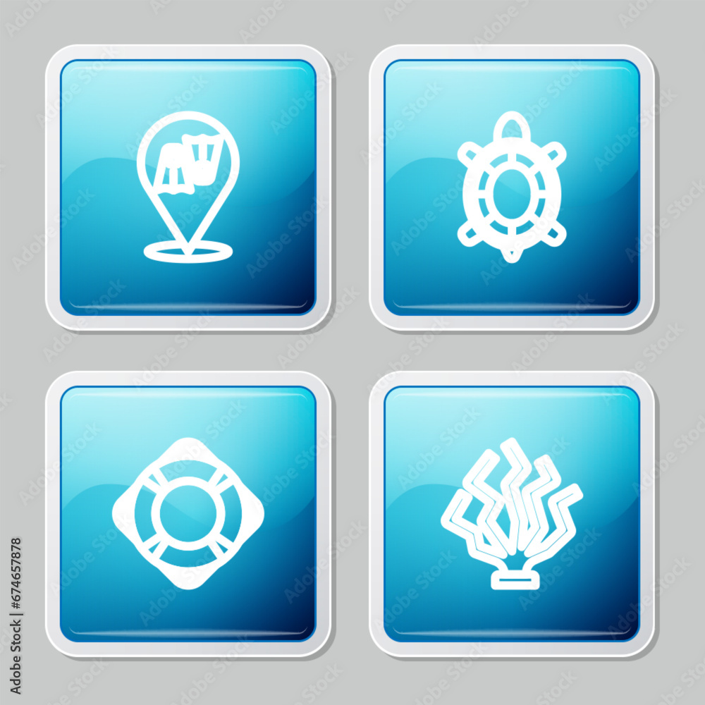 Set line Flippers for swimming, Turtle, Lifebuoy and Coral icon. Vector Set line Flippers for swimming, Turtle, Lifebuoy and Coral icon. Vector