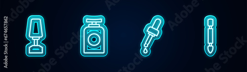 Set line Milling cutter for manicure, Tube of hand cream, Pipette with oil and Cuticle pusher. Glowing neon icon. Vector