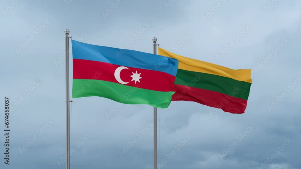 Lithuania flag and Azerbaijan flag waving together on cloudy sky, endless seamless loop, two country relations concept Lithuania flag and Azerbaijan flag waving together on cloudy sky, endless seamless loop, two country relations concept