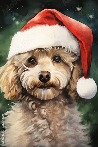 Poodle dog in christmas santa claus hat watercolor art. Christmas Poodle dog illustration. Vertical format for banners, posters, advertising, gift cards. AI generated.