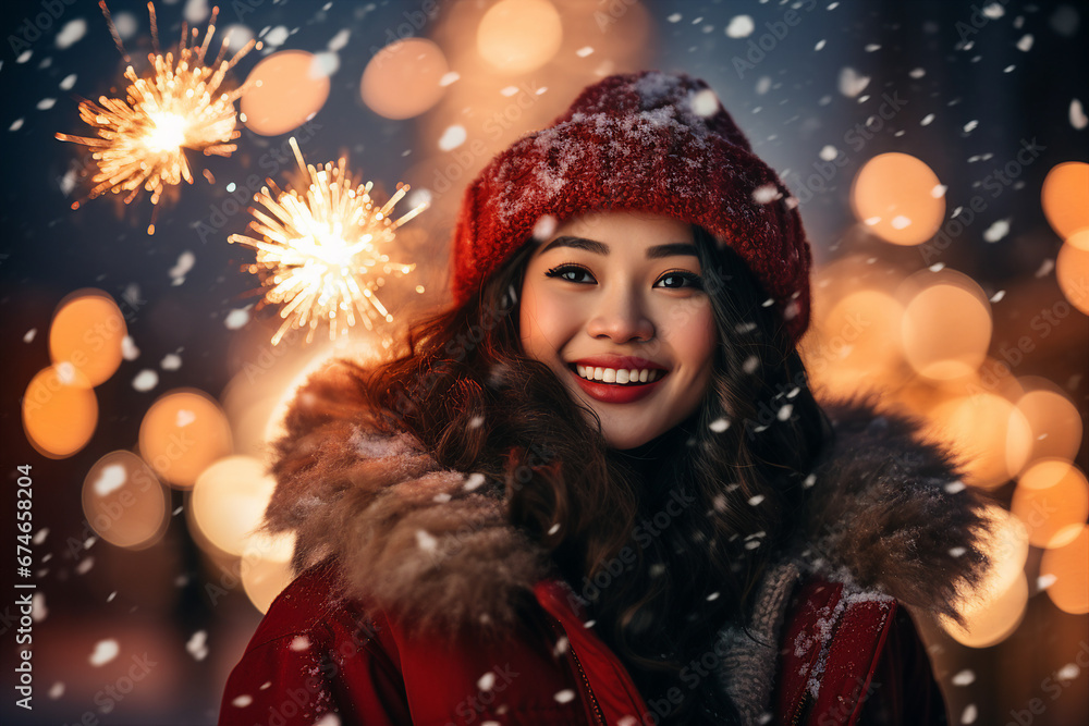 Magic christmas night with snow and fireworks made with Generative AI technology Magic christmas night with snow and fireworks made with Generative AI technology