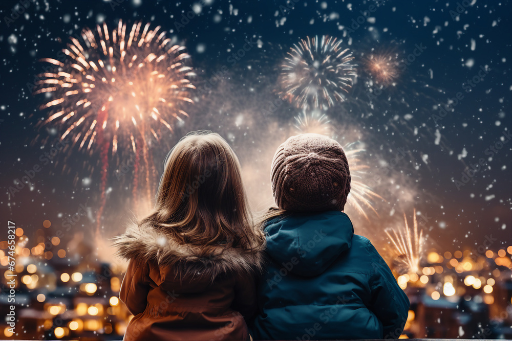 Magic night with fireworks two kids sitting together made with Generative AI technology Magic night with fireworks two kids sitting together made with Generative AI technology