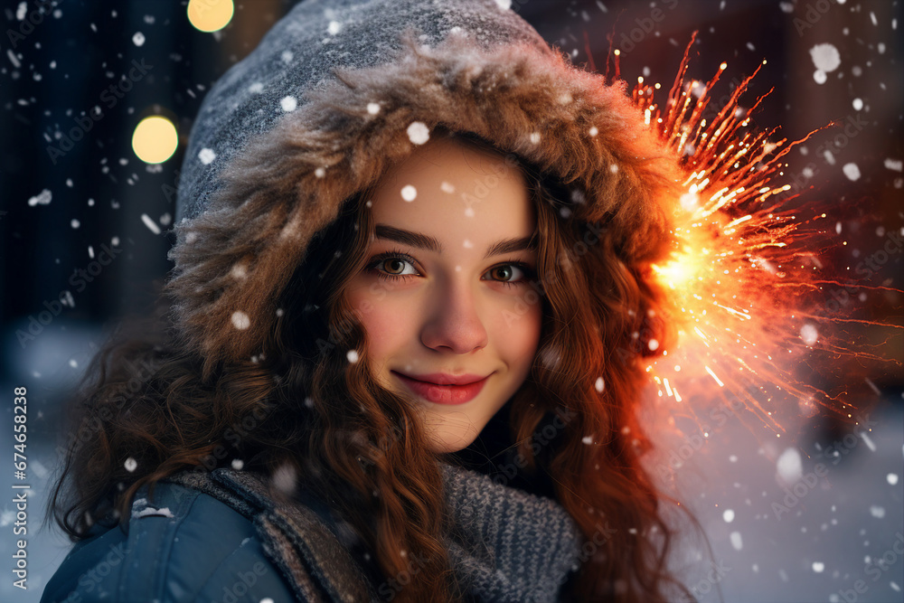 Magic christmas night with snow and fireworks made with Generative AI technology Magic christmas night with snow and fireworks made with Generative AI technology