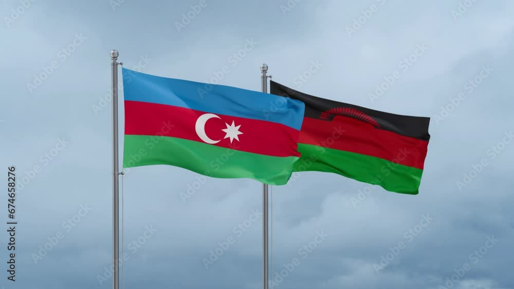 Malawi flag and Azerbaijan flag waving together on cloudy sky, endless seamless loop, two country relations concept Malawi flag and Azerbaijan flag waving together on cloudy sky, endless seamless loop, two country relations concept