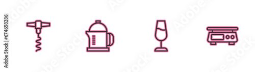 Set line Wine corkscrew, glass, French press and Electronic scales icon. Vector