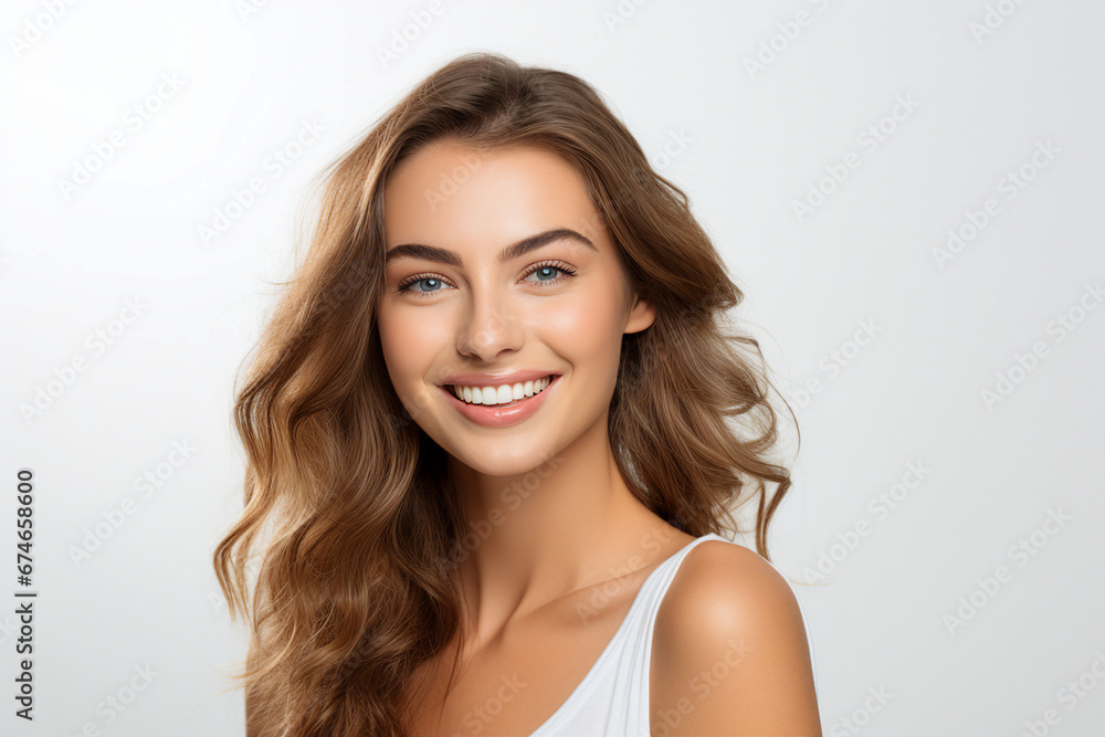 Generative AI portrait of gorgeous young woman beaming smiling over background Generative AI portrait of gorgeous young woman beaming smiling over background