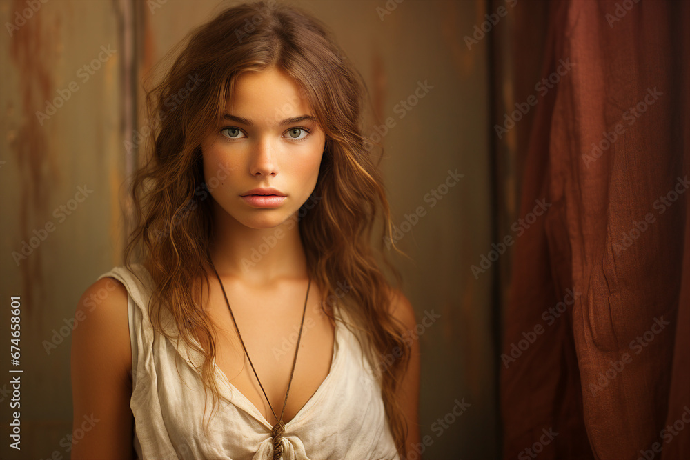 Fototapeta premium Generative AI portrait of gorgeous young woman beaming smiling over background