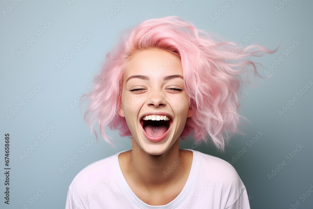 Generative AI portrait of funny young girl with pink flying hair curls laughing feel good Generative AI portrait of funny young girl with pink flying hair curls laughing feel good