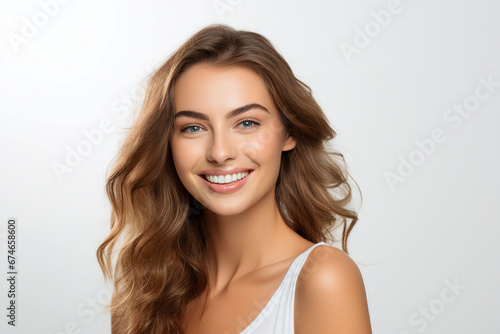 Generative AI portrait of gorgeous young woman beaming smiling over background