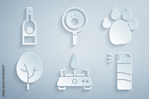 Set Camping gas stove, Paw print, Tree, Pepper spray, search and Bottle of vodka icon. Vector