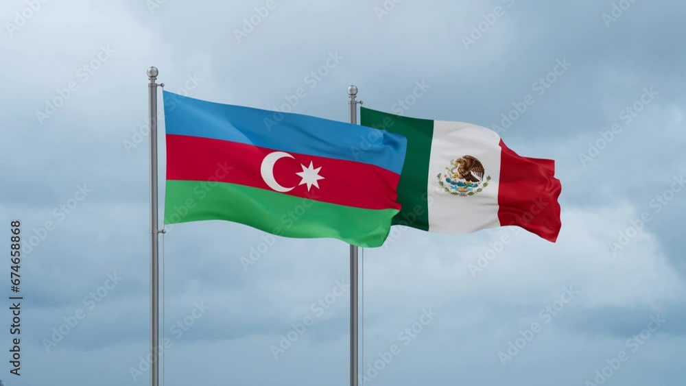 Mexico flag and Azerbaijan flag waving together on cloudy sky, endless seamless loop, two country relations concept Mexico flag and Azerbaijan flag waving together on cloudy sky, endless seamless loop, two country relations concept