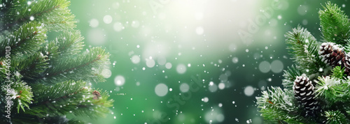 Green pine tree branches on blurred falling snow background. Christmas banner