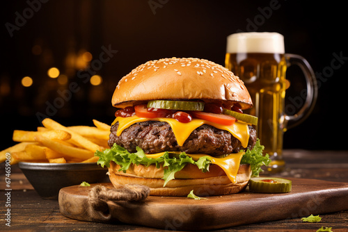 Huge restaurant burger hamburger cheeseburger on plate board with fresh beer glass Generative AI picture