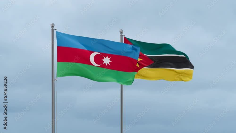 Namibia and Azerbaijan flag waving together on cloudy sky, endless seamless loop, two country cooperation concept Namibia and Azerbaijan flag waving together on cloudy sky, endless seamless loop, two country cooperation concept