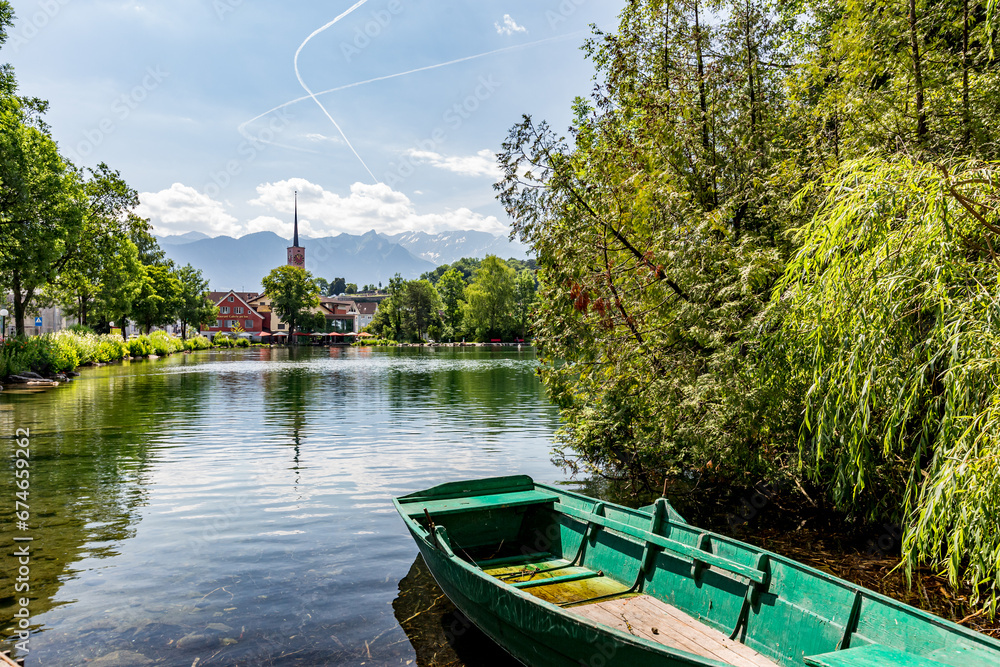 Obraz premium Scenery colorful spring tourist view from the destination and region around Werdenberg Castle, Switzerland or Schloss Werdenberg near the city of Bucks