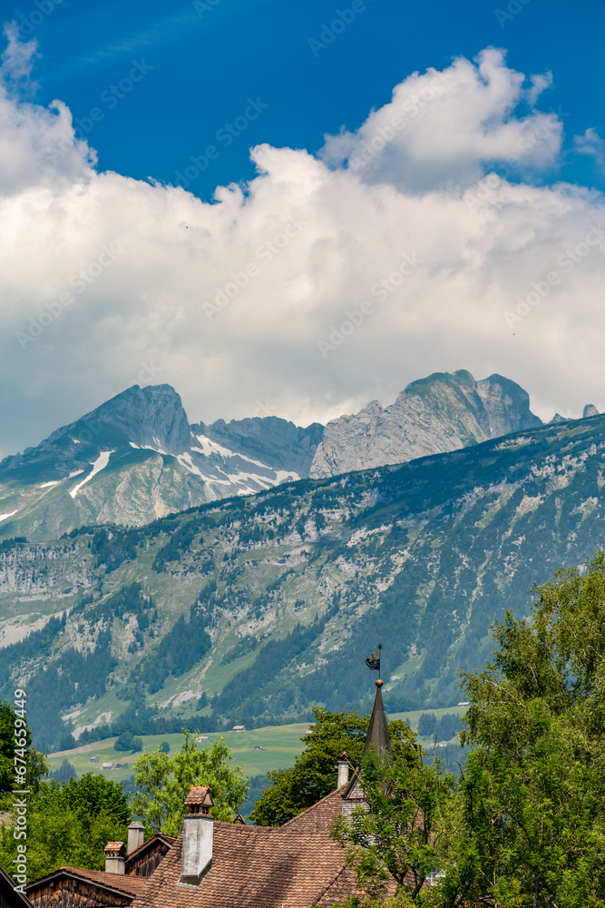 Fototapeta premium Scenery colorful spring tourist view from the destination and region around Werdenberg Castle, Switzerland or Schloss Werdenberg near the city of Bucks