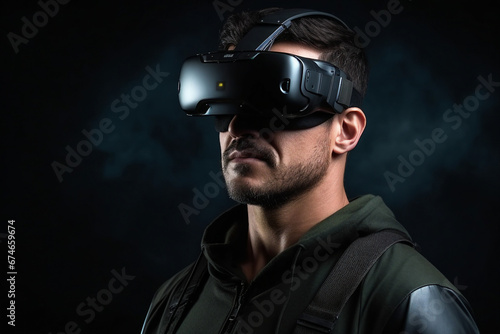 Generative AI photography of handsome man wear vr glasses gaming online isolated on dark background