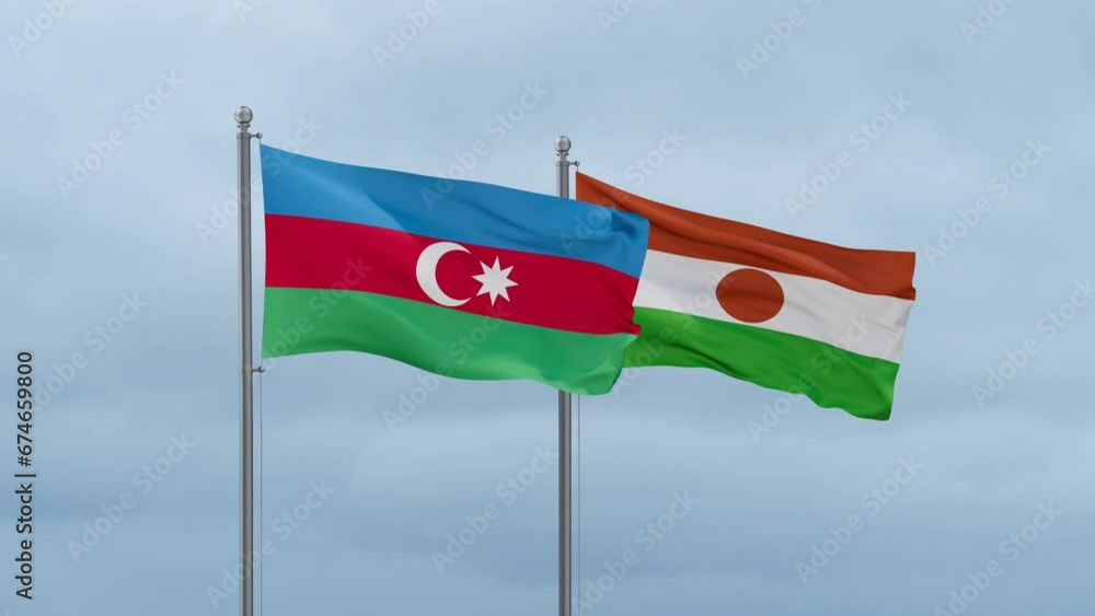 Niger flag and Azerbaijan flag waving together on cloudy sky, endless seamless loop, two country relations concept Niger flag and Azerbaijan flag waving together on cloudy sky, endless seamless loop, two country relations concept