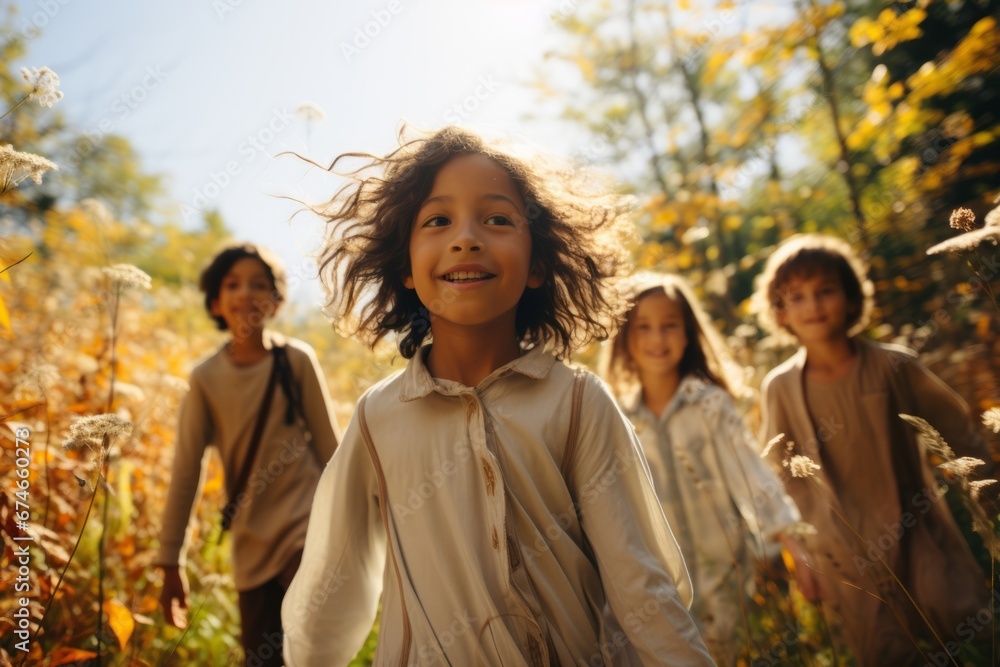 Group portrait of cheerful smiling multiethnic children summer forest. Happy boys and girls of different skin colors play and have fun together outdoors. Diversity and friendship concept. Group portrait of cheerful smiling multiethnic children summer forest. Happy boys and girls of different skin colors play and have fun together outdoors. Diversity and friendship concept.