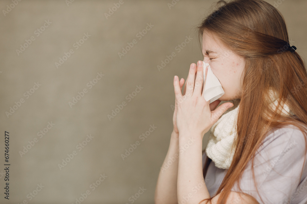 Young woman blowing nose has winter flu catarrh ill sick disease treatment cold - obrazy, fototapety, plakaty 