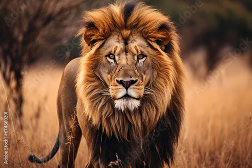 Big cat lion in the wild, wildlife photography, focused shot. Generative AI