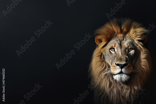 Front view of a lion on isolatedbackground. Wild animals banner with empty copy space