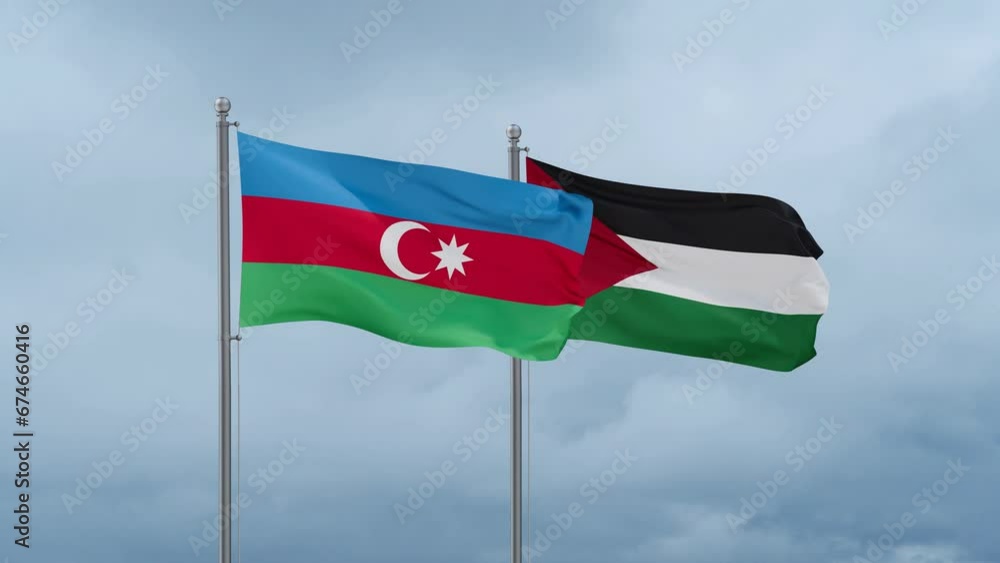 Palestine and Gaza Strip flag and Azerbaijan flag waving together on blue sky, looped video Palestine and Gaza Strip flag and Azerbaijan flag waving together on blue sky, looped video