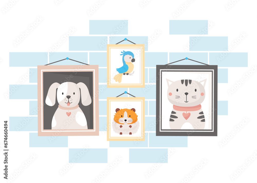Photo frames with portraits of lovely pets on wall. Frames picture with Cute dog, cat, hamster and parrot macaw. Vector illustration