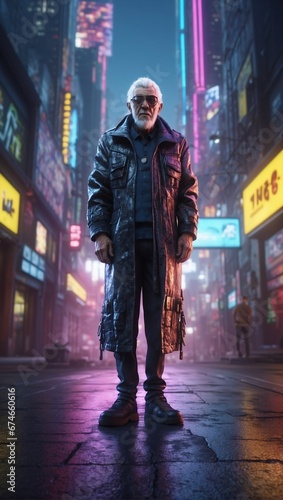 An elderly gray haired man in a futuristic jacket standing in front of a blurry panorama of a cyberpunk city with bright neon lights.