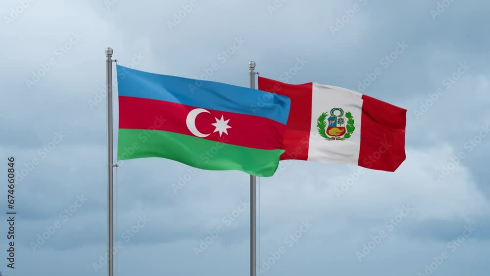 Peru and Azerbaijan flag waving together on cloudy sky, endless seamless loop, two country cooperation concept Peru and Azerbaijan flag waving together on cloudy sky, endless seamless loop, two country cooperation concept