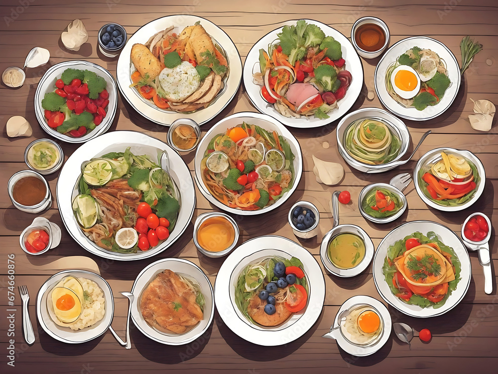 Assortment of healthy food dishes.
