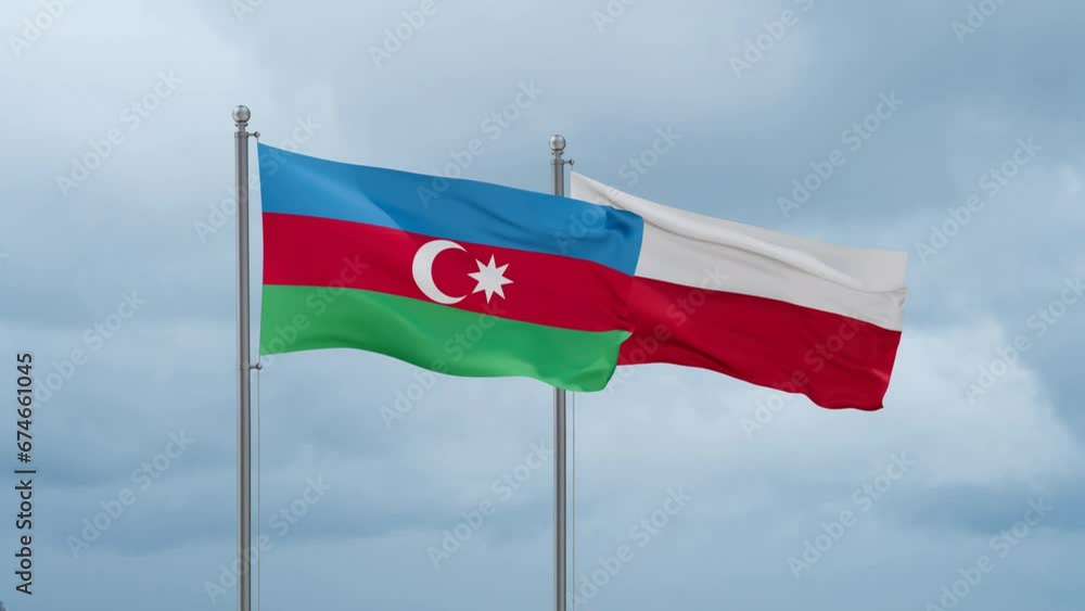 Poland and Azerbaijan flag waving together on cloudy sky, endless seamless loop, two country cooperation concept Poland and Azerbaijan flag waving together on cloudy sky, endless seamless loop, two country cooperation concept