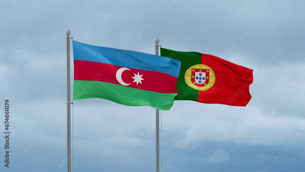 Portugal and Azerbaijan flag waving together on cloudy sky, endless seamless loop, two country cooperation concept Portugal and Azerbaijan flag waving together on cloudy sky, endless seamless loop, two country cooperation concept