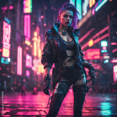 Beautiful futuristic city with girl in neon street