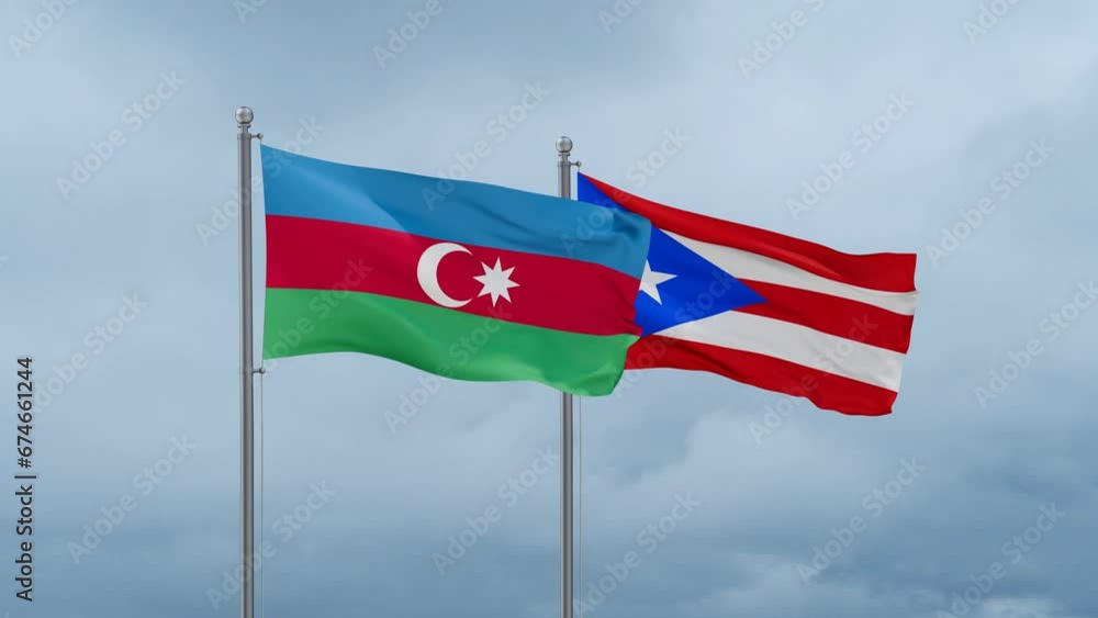 Puerto Rico and Azerbaijan flag waving together on cloudy sky, endless seamless loop, two country cooperation concept Puerto Rico and Azerbaijan flag waving together on cloudy sky, endless seamless loop, two country cooperation concept