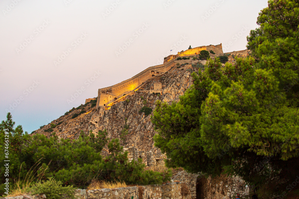 Palamidi fortress in Nafplion Greece at sunset