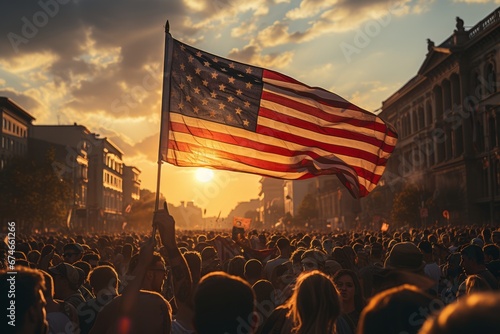 A huge crowd of people marching along a city street with American flags. The Stars and Stripes flutter over people's heads. Independence Day 4th of July concept. The US main holiday. National pride.