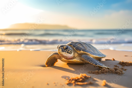 focused shot of a turtle on a beach, wildlife photography. Generative AI