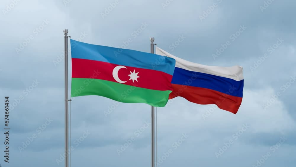 Russian Federation and Azerbaijan flag waving together on cloudy sky, endless seamless loop Russian Federation and Azerbaijan flag waving together on cloudy sky, endless seamless loop