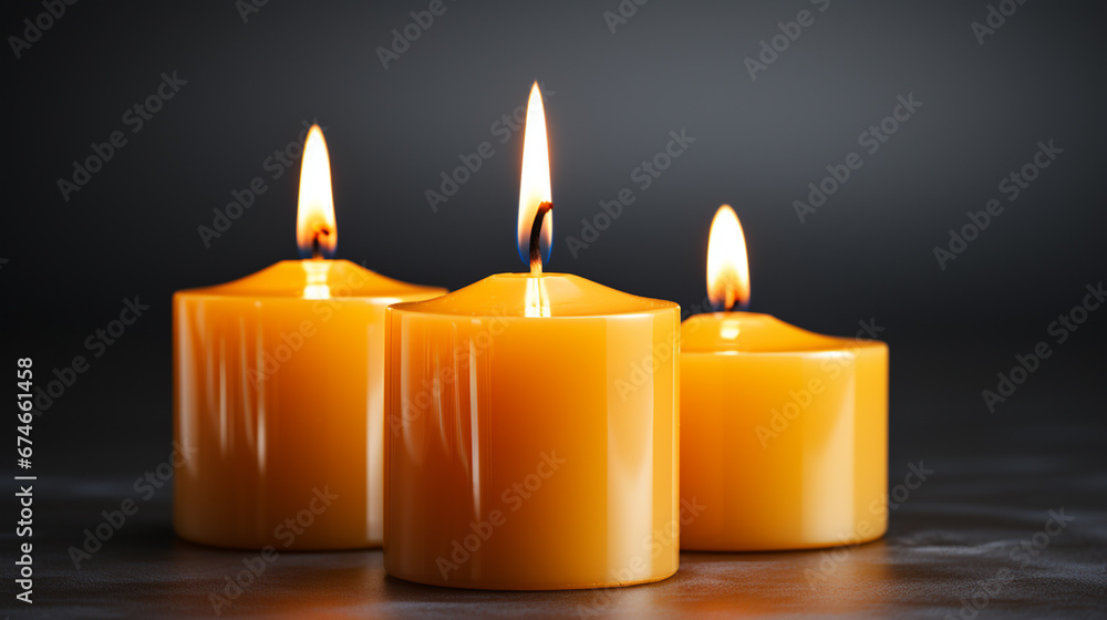 
Burning candles. Three yellow candles with dark background with copy space. Conceptual image of prayer, supplication, religious request, eternal flame.