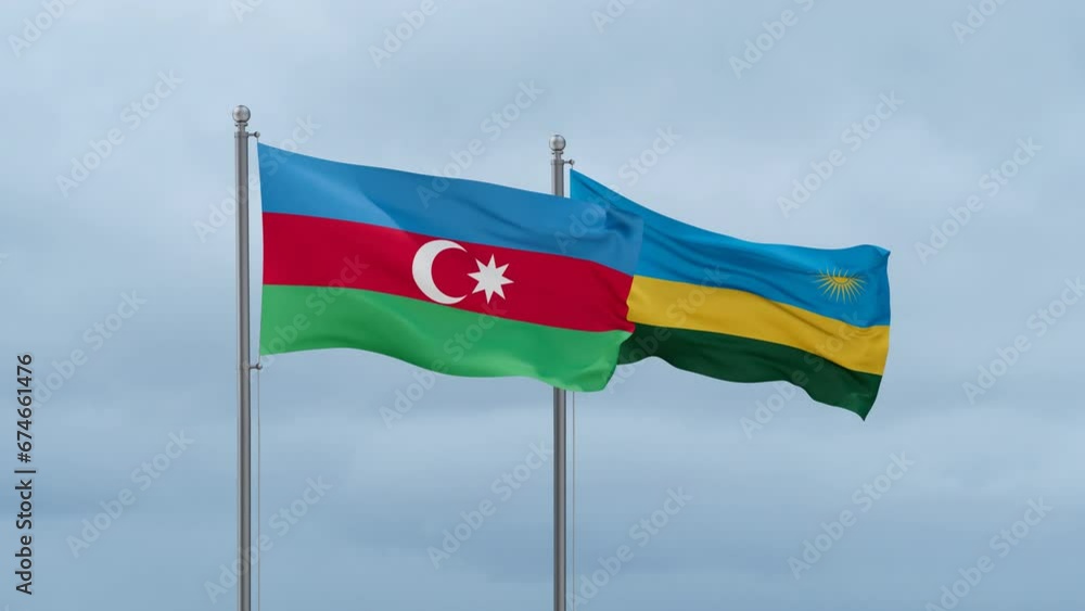 Republic of Rwanda and Azerbaijan flag waving together on cloudy sky, endless seamless loop, two country cooperation concept Republic of Rwanda and Azerbaijan flag waving together on cloudy sky, endless seamless loop, two country cooperation concept