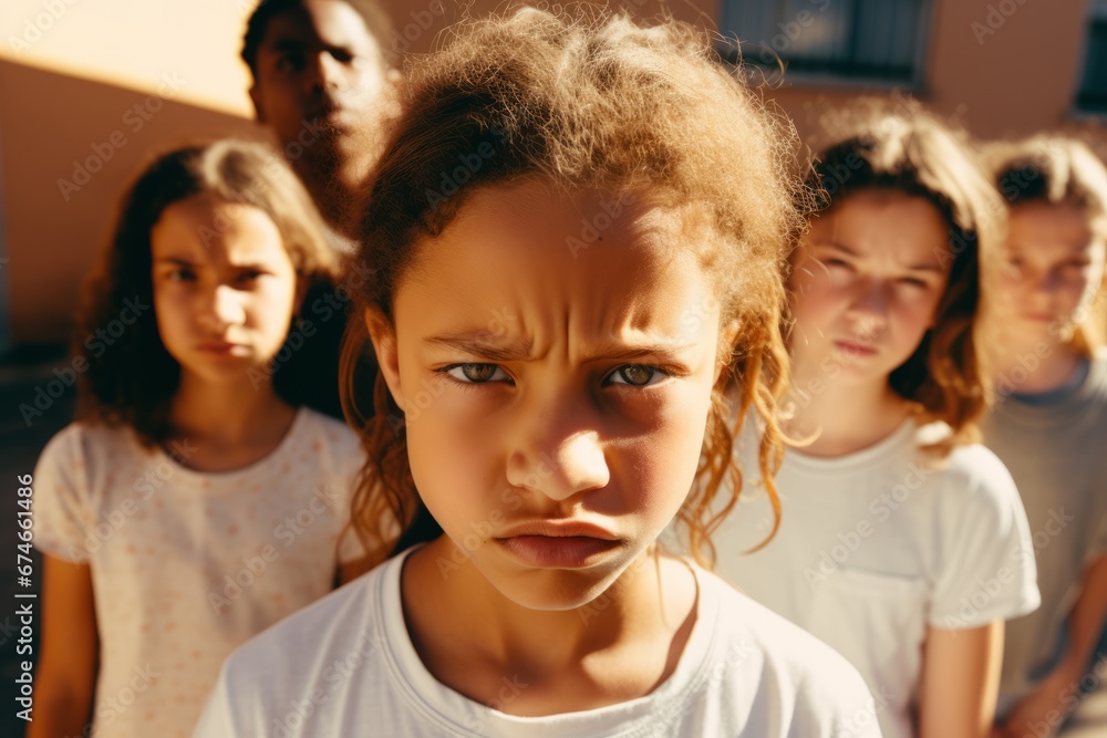 Multiethnic group of schoolchildren with their leader looking at camera with an angry and frustrated expression. Kids are upset and intending to stand up for their rights. Diversity and communication.