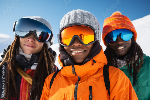 Big youth company at mountain resort making selfies snowboarding Generative AI portrait