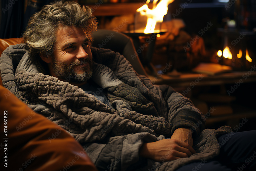 Generative ai photo of handsome man enjoying rest in comfort home cozy day