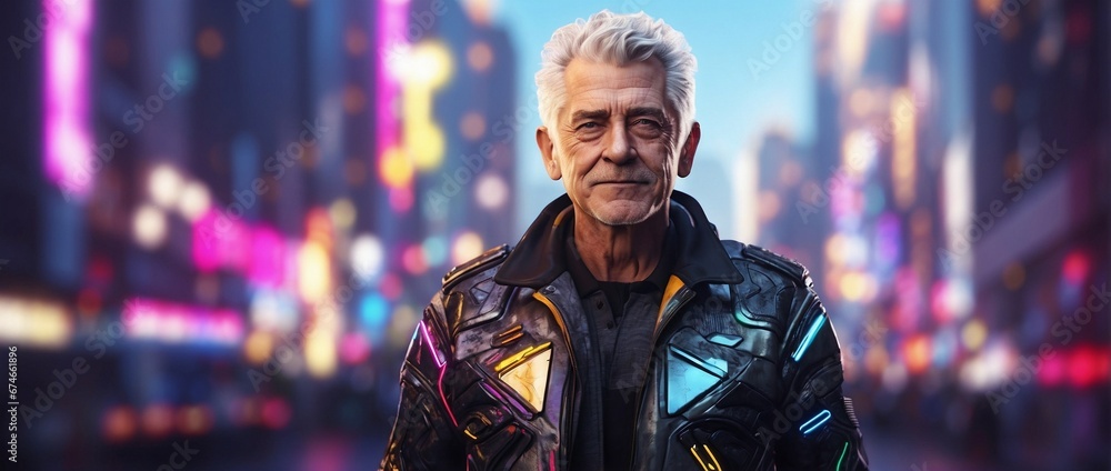 Wide angle shot of an elderly gray haired man in a futuristic jacket standing in front of a blurry panorama of a cyberpunk city with bright neon lights.
