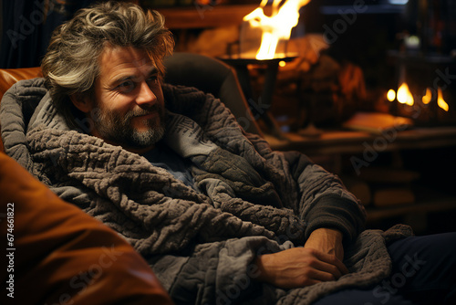 Generative ai photo of handsome man enjoying rest in comfort home cozy day