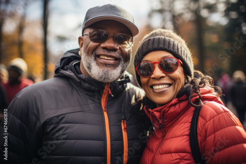 Close-up of cheerful elderly African American couple in tourist outerwear with backpacks against the backdrop autumn forest. Active seniors hike together. Healthy lifestyle for retired people.
